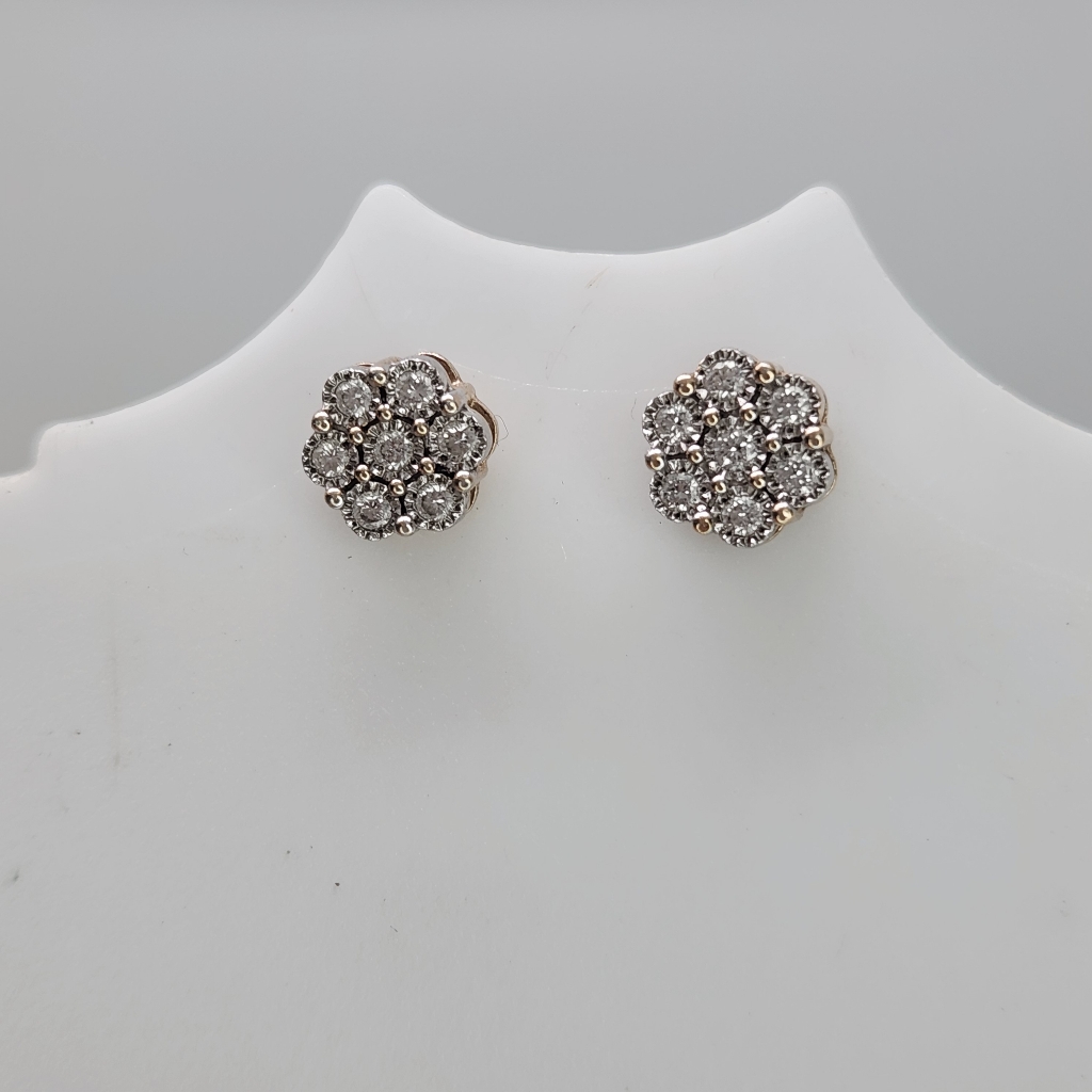 Genuine Diamond Flower Cluster Gold Vermeil 925 Sterling Silver Stud Earrings